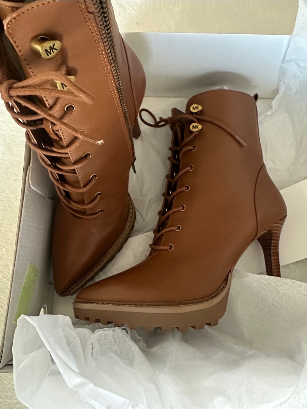 Michael Kors Cognac Lace-Up Leather Heeled Ankle Boots - Picture 5 of 5